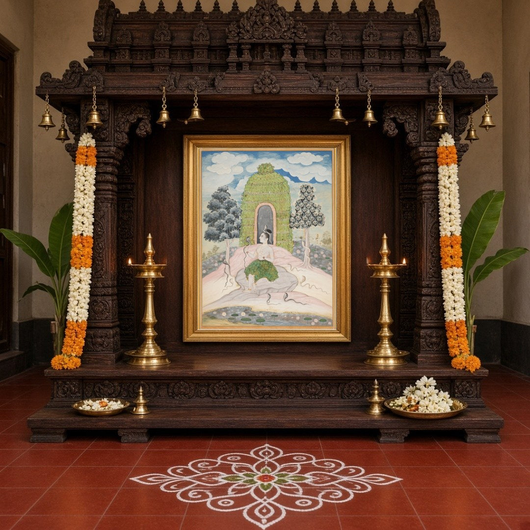 Immerse yourself in the serene elegance of this exquisite artwork depicting Lord Shiva in for Home Temple