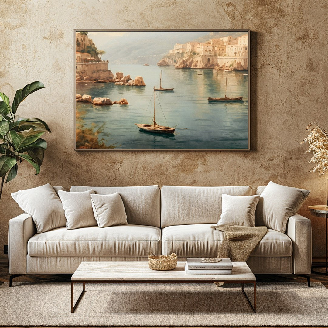Immerse yourself in the serene beauty of this picturesque Mediterranean harbor. With its tranquil for Family Room