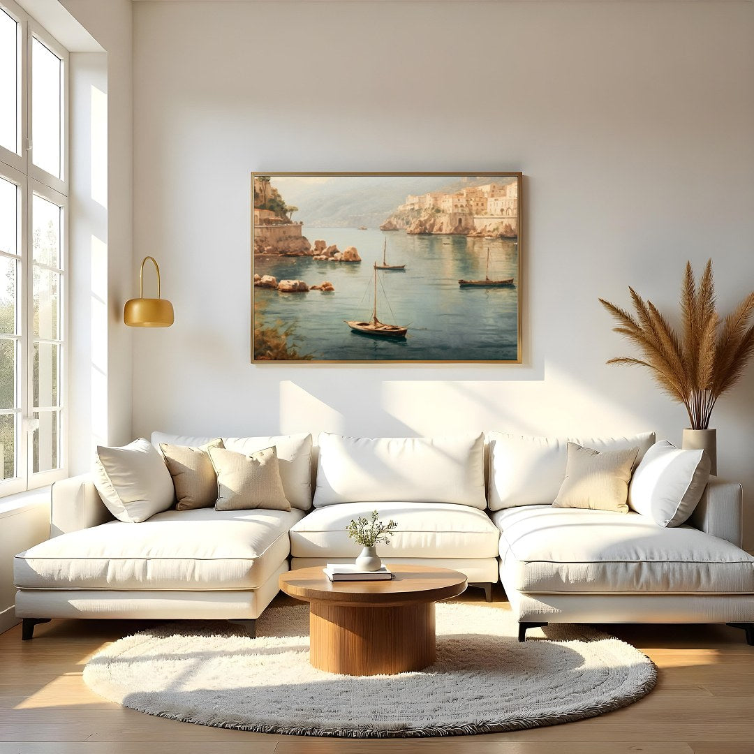 Immerse yourself in the serene beauty of this picturesque Mediterranean harbor. With its tranquil for Living Room