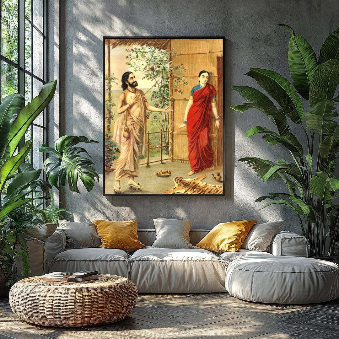 This captivating artwork captures a serene moment between two figures in traditional Indian attire. for Balcony