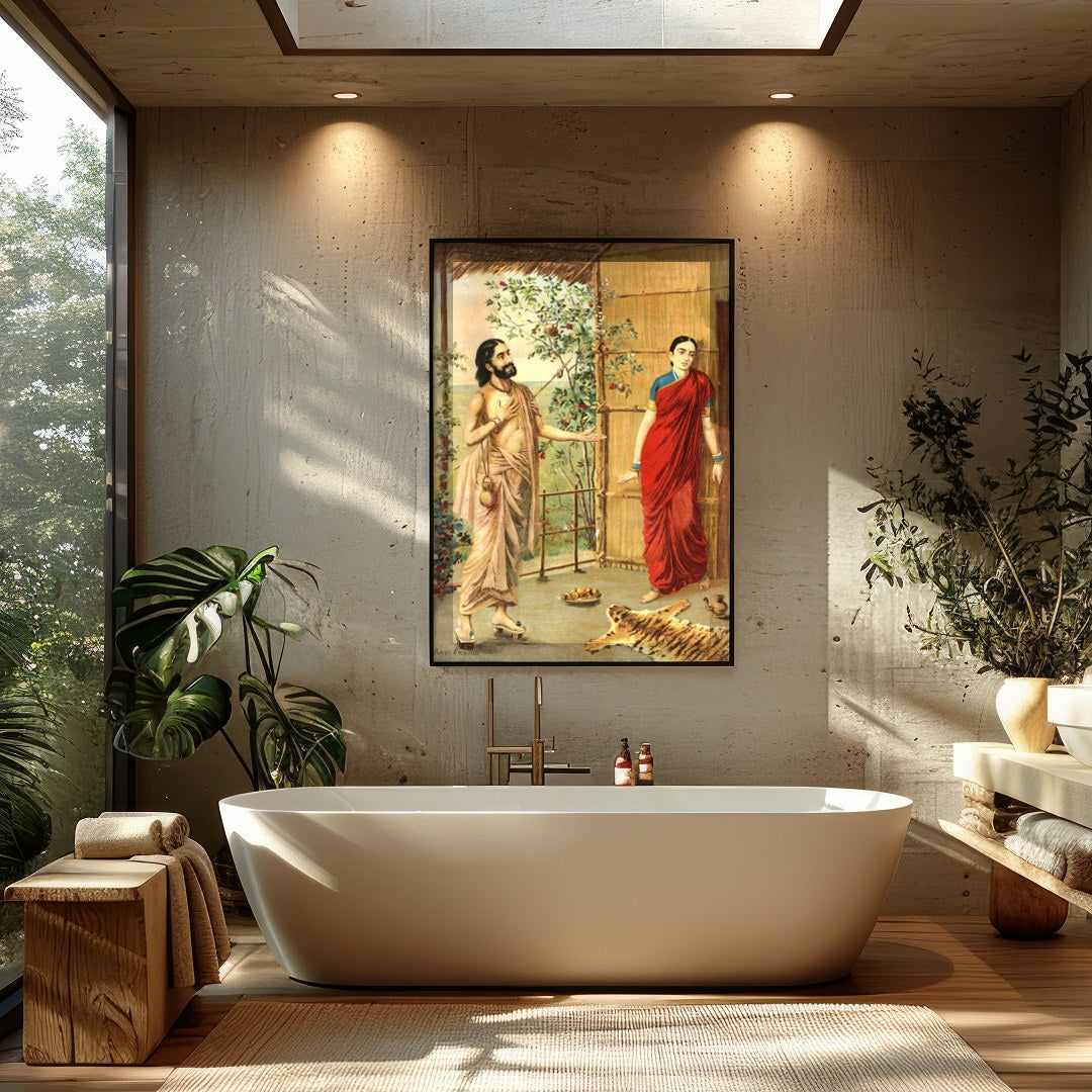 This captivating artwork captures a serene moment between two figures in traditional Indian attire. for Bathroom
