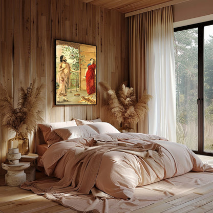 This captivating artwork captures a serene moment between two figures in traditional Indian attire. for Bedroom