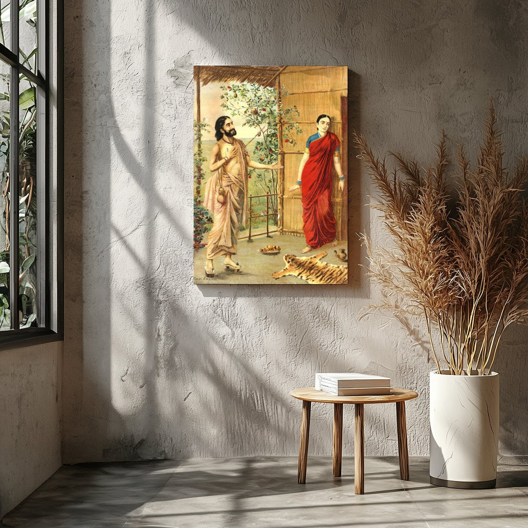 This captivating artwork captures a serene moment between two figures in traditional Indian attire. for Entrance