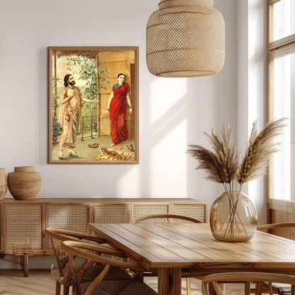 This captivating artwork captures a serene moment between two figures in traditional Indian attire. for Extra Kitchen