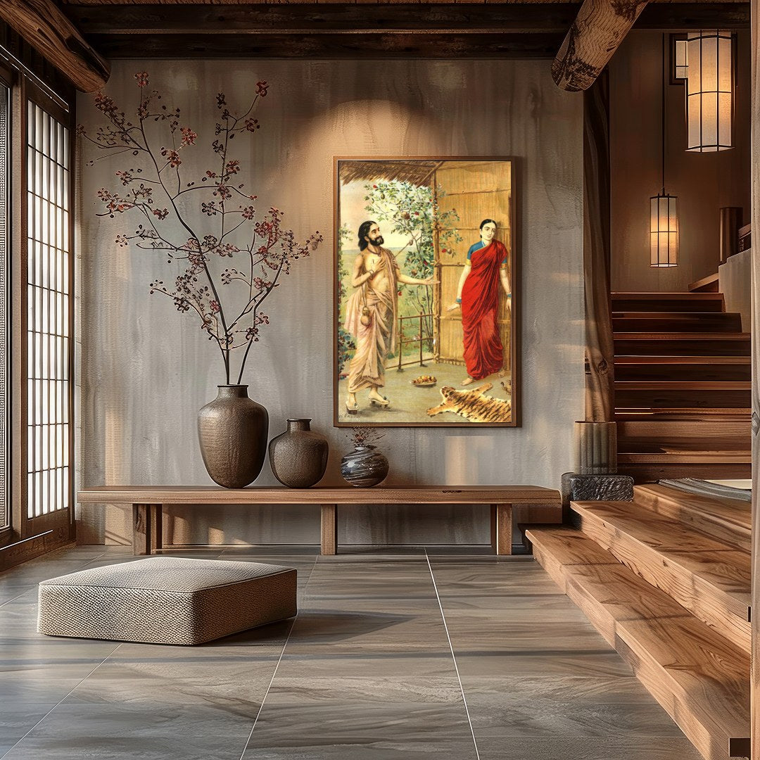 This captivating artwork captures a serene moment between two figures in traditional Indian attire. for Hall