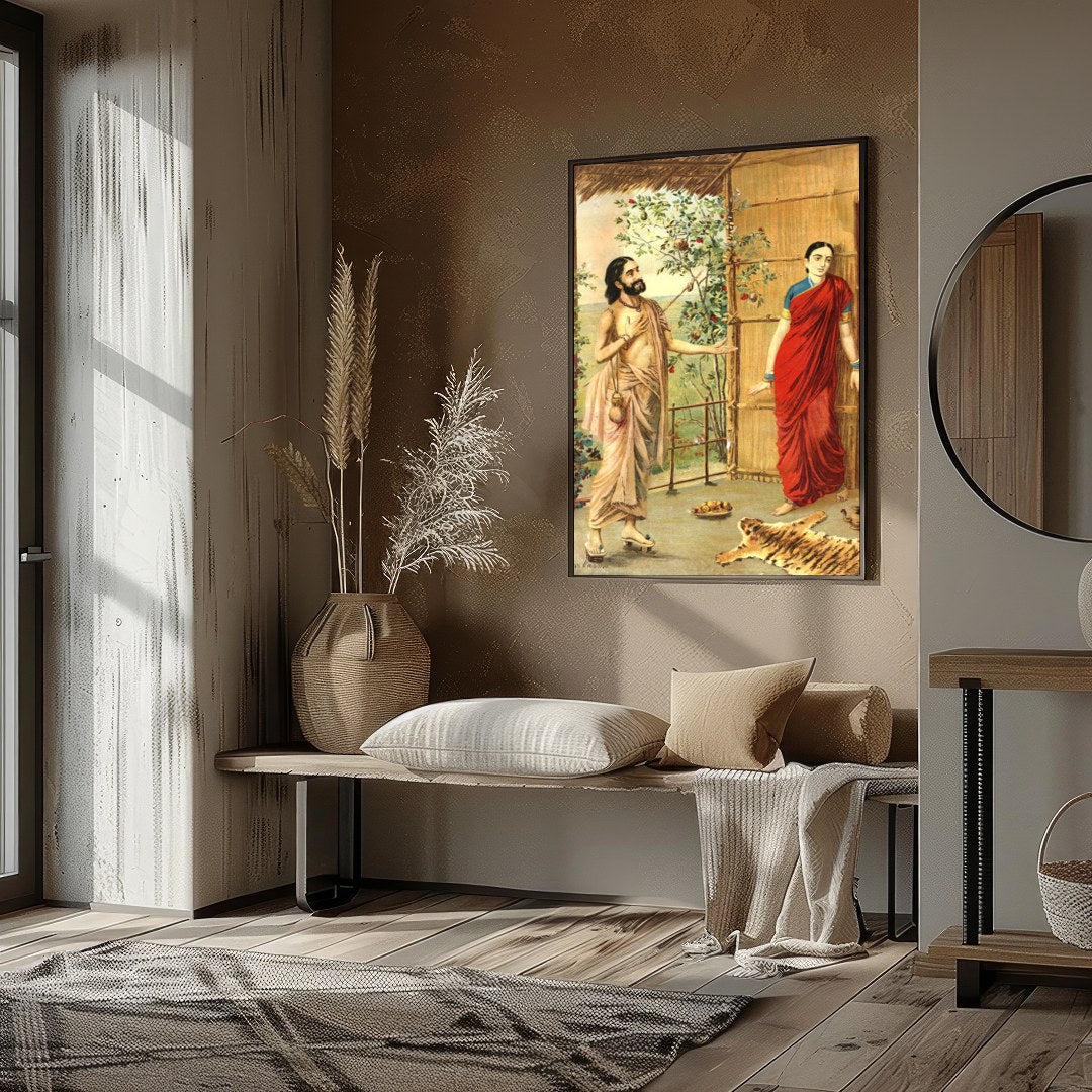 This captivating artwork captures a serene moment between two figures in traditional Indian attire. for interior