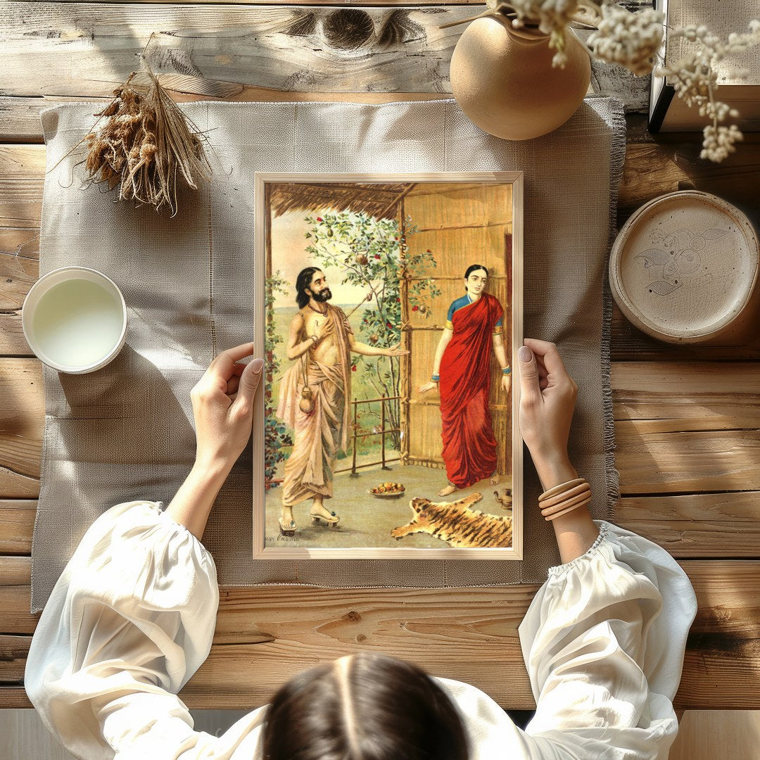 This captivating artwork captures a serene moment between two figures in traditional Indian attire. for Kitchen