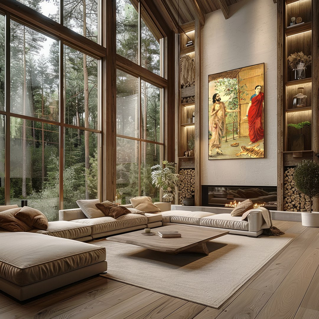 This captivating artwork captures a serene moment between two figures in traditional Indian attire. for Living Room