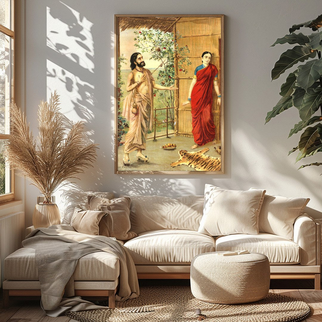 This captivating artwork captures a serene moment between two figures in traditional Indian attire. for Sitting Area