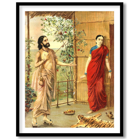 This captivating artwork captures a serene moment between two figures in traditional Indian attire. for space