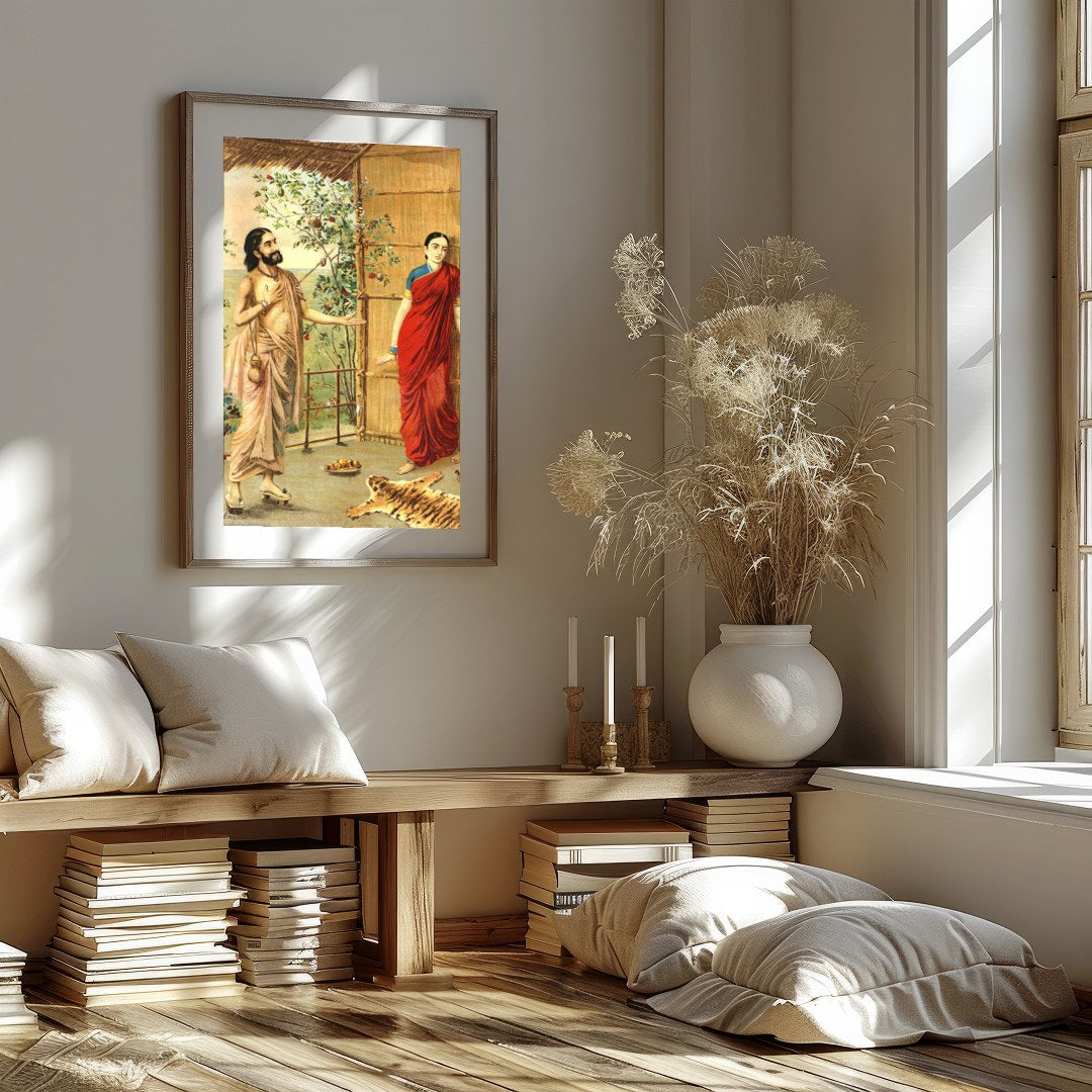 This captivating artwork captures a serene moment between two figures in traditional Indian attire. for sweet-home