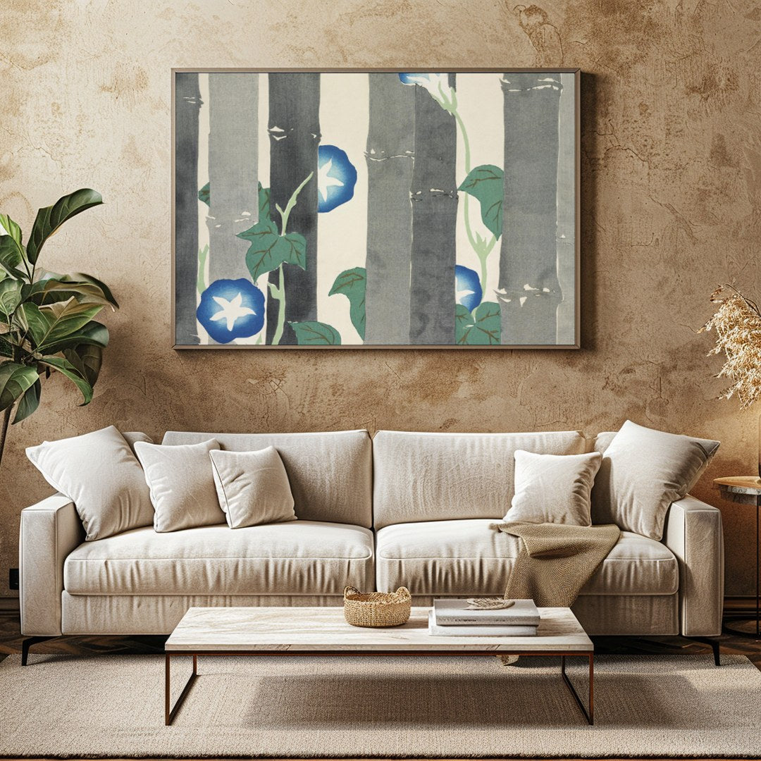 Dive into the serene world of nature with this exquisite artwork featuring vibrant morning glories for Family Room