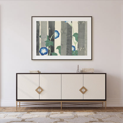 Dive into the serene world of nature with this exquisite artwork featuring vibrant morning glories for Foyer