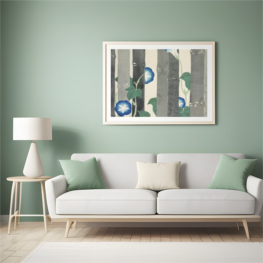 Dive into the serene world of nature with this exquisite artwork featuring vibrant morning glories for Hall