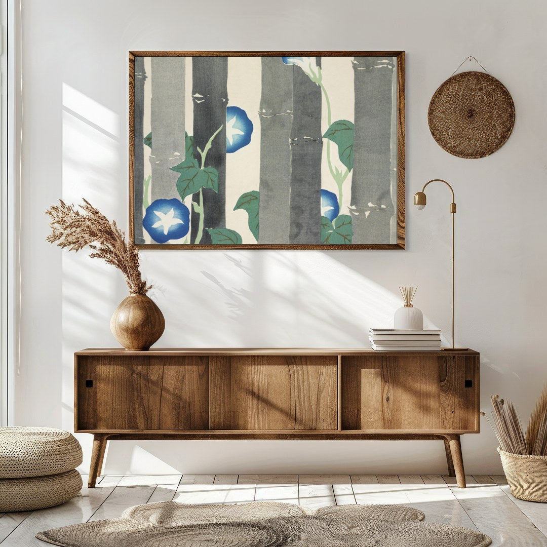Dive into the serene world of nature with this exquisite artwork featuring vibrant morning glories for Sitting Area