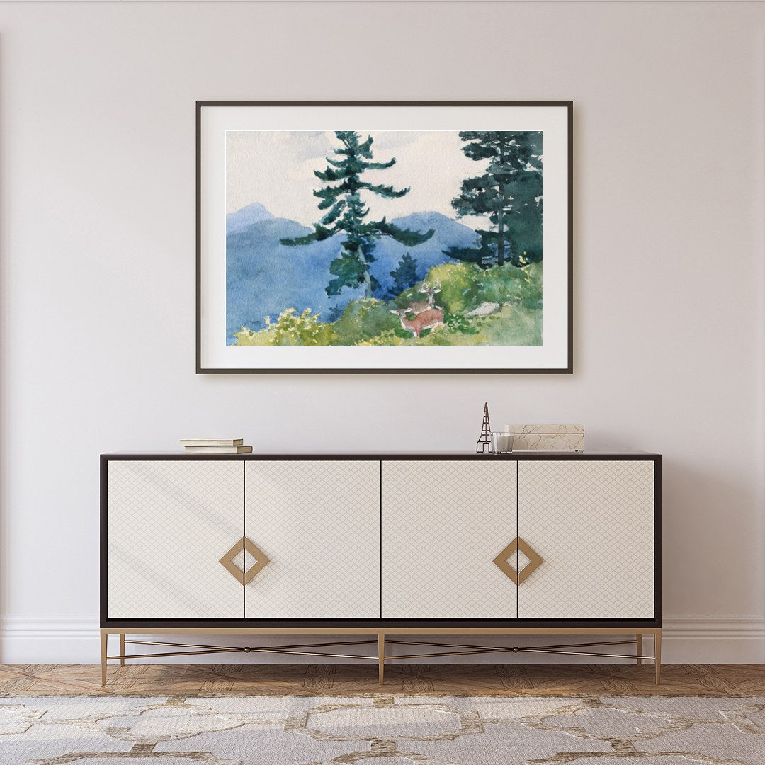 Immerse yourself in the serene beauty of nature with this enchanting watercolor landscape. for Foyer