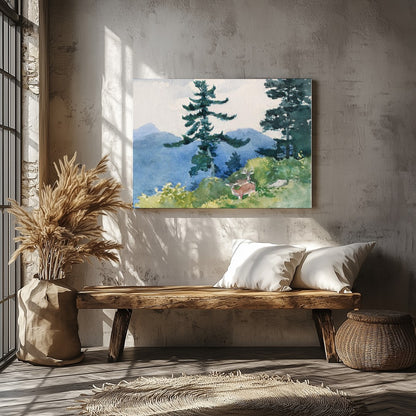 Immerse yourself in the serene beauty of nature with this enchanting watercolor landscape. for Veranda