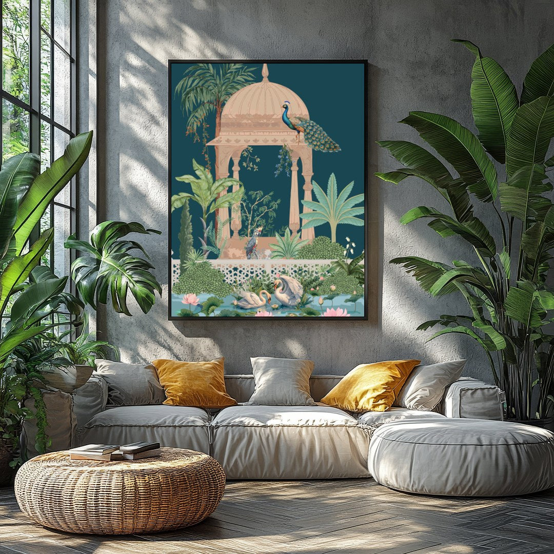 This enchanting artwork captures a peaceful garden scene, featuring elegant peacocks atop an ornate for Balcony