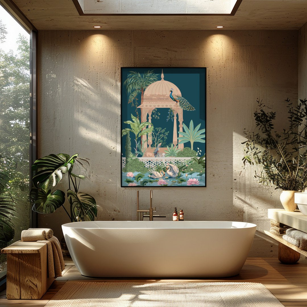 This enchanting artwork captures a peaceful garden scene, featuring elegant peacocks atop an ornate for Bathroom