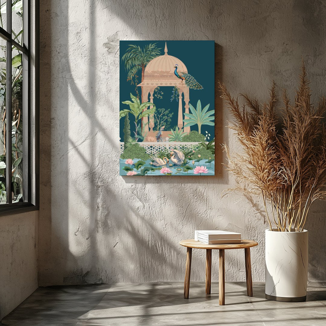 This enchanting artwork captures a peaceful garden scene, featuring elegant peacocks atop an ornate for Entrance