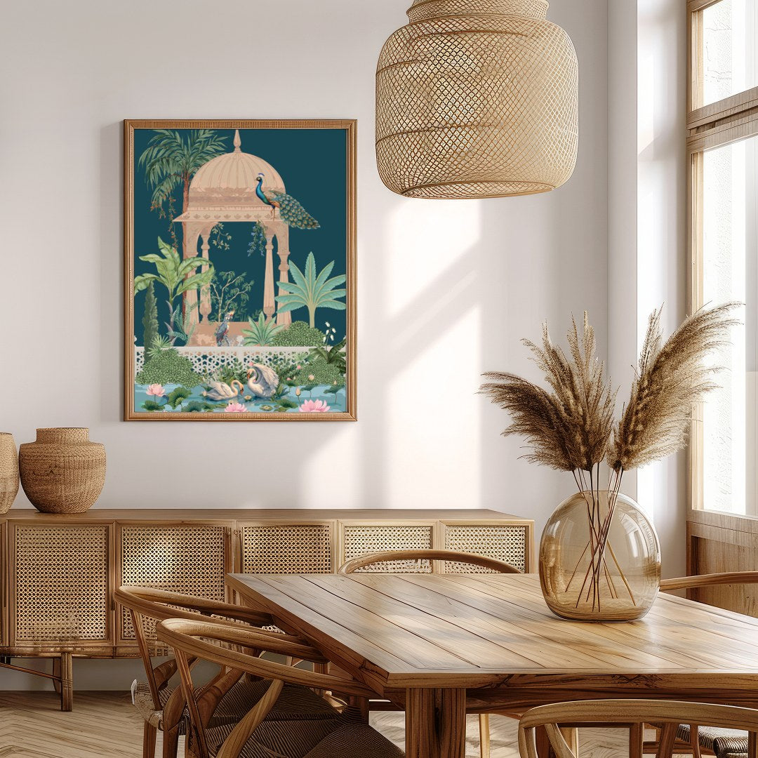 This enchanting artwork captures a peaceful garden scene, featuring elegant peacocks atop an ornate for Extra Kitchen