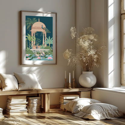 This enchanting artwork captures a peaceful garden scene, featuring elegant peacocks atop an ornate for gallery