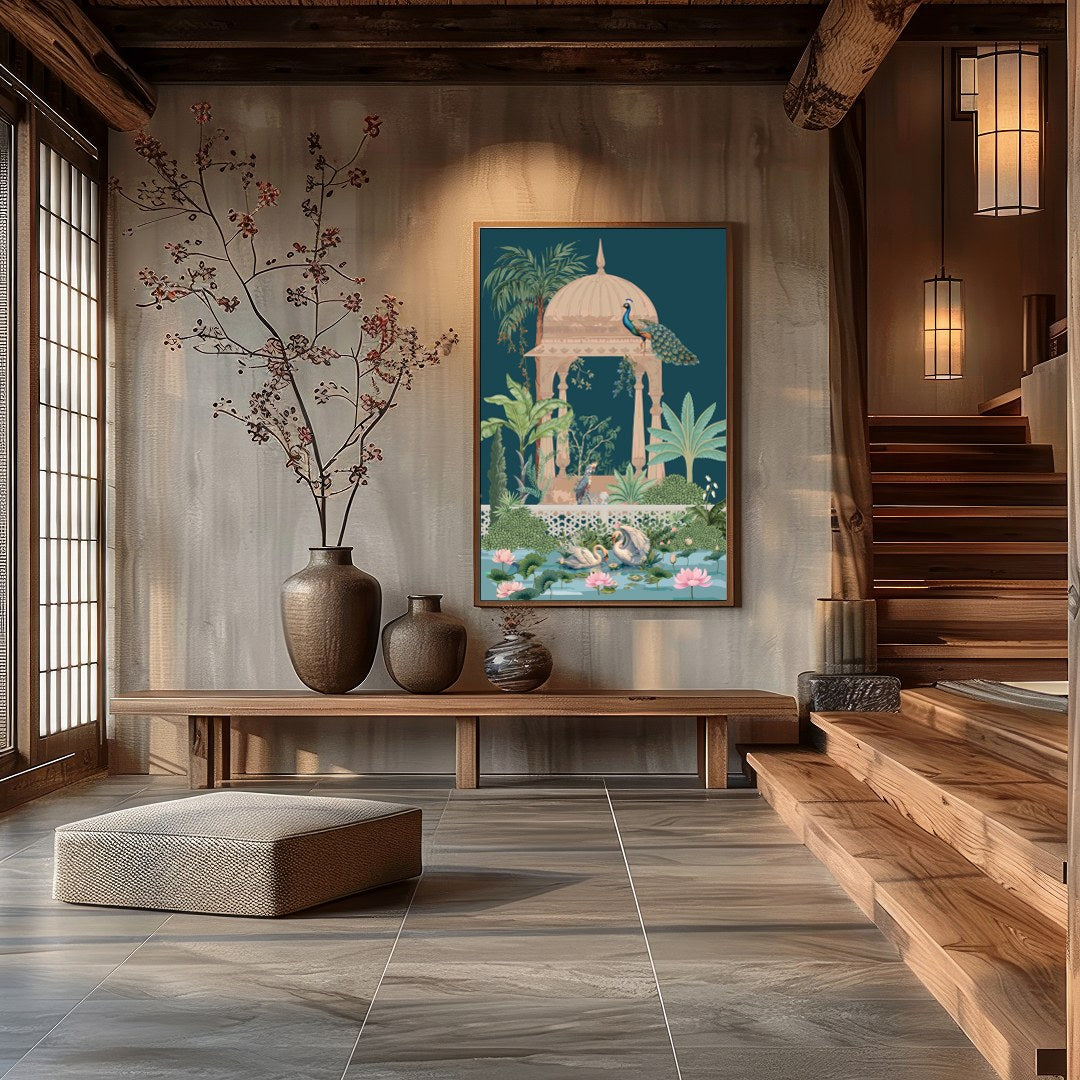 This enchanting artwork captures a peaceful garden scene, featuring elegant peacocks atop an ornate for Hall