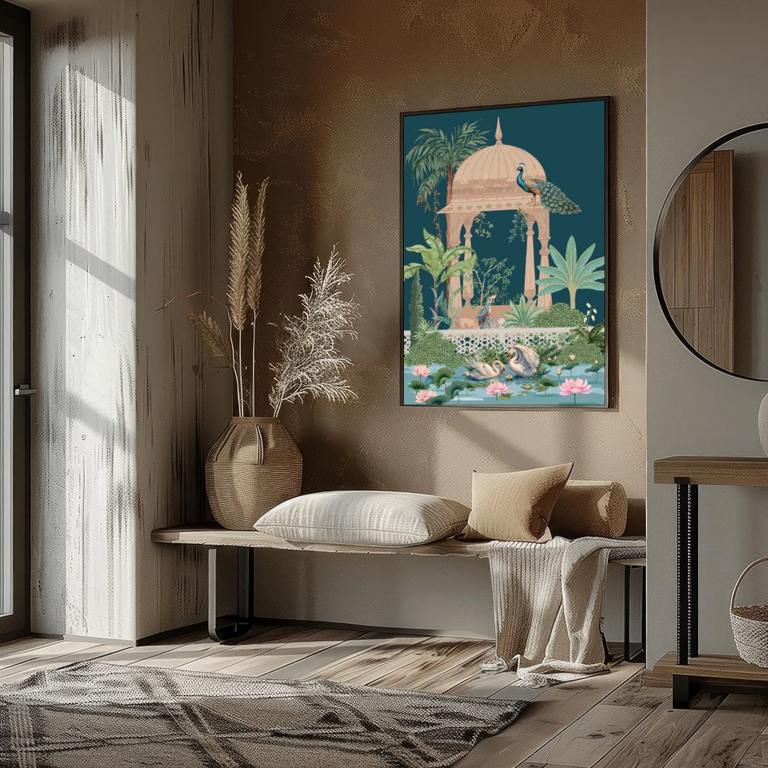 This enchanting artwork captures a peaceful garden scene, featuring elegant peacocks atop an ornate for haven