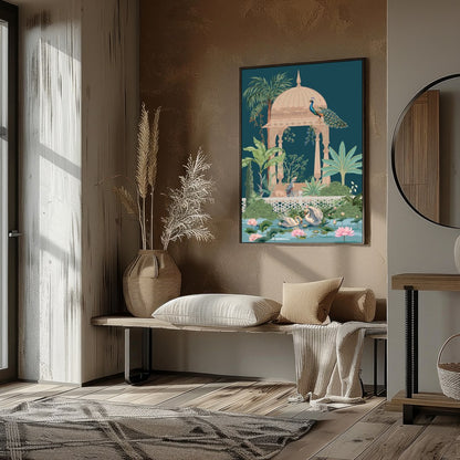 This enchanting artwork captures a peaceful garden scene, featuring elegant peacocks atop an ornate for haven