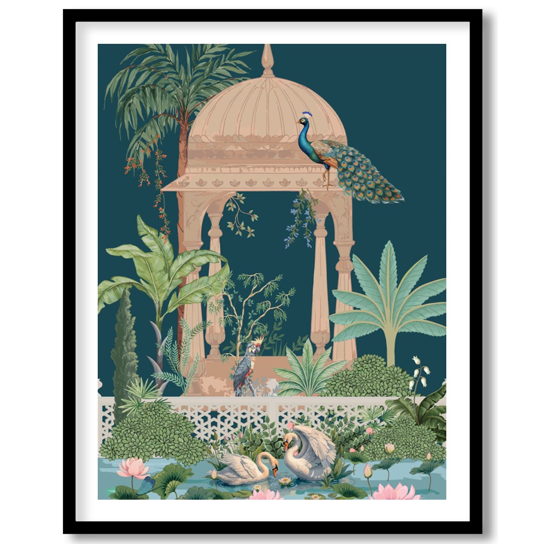 This enchanting artwork captures a peaceful garden scene, featuring elegant peacocks atop an ornate for kitchen