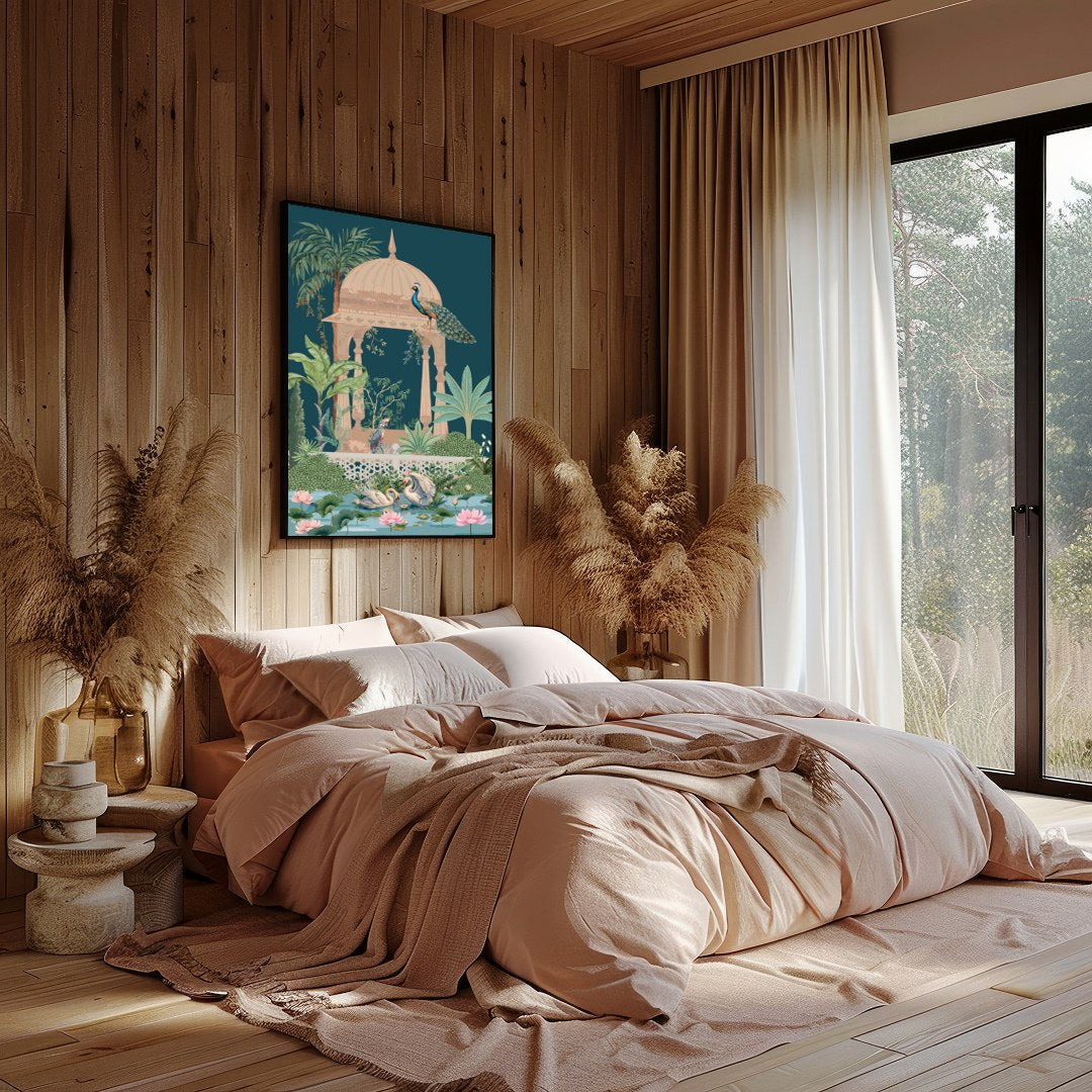 This enchanting artwork captures a peaceful garden scene, featuring elegant peacocks atop an ornate for Bedroom