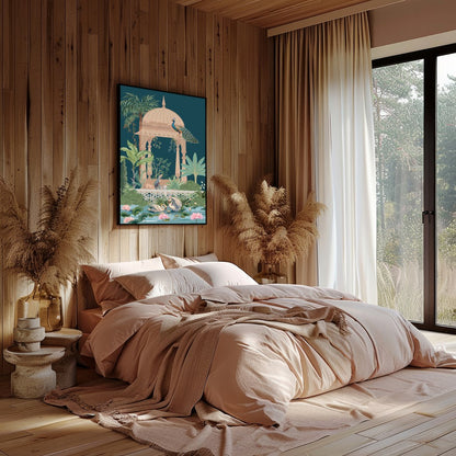 This enchanting artwork captures a peaceful garden scene, featuring elegant peacocks atop an ornate for Bedroom