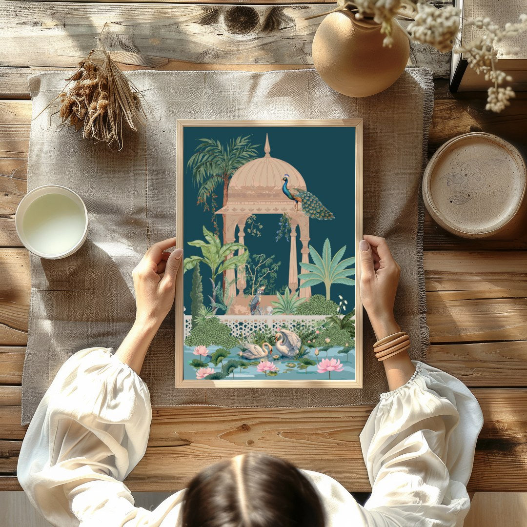 This enchanting artwork captures a peaceful garden scene, featuring elegant peacocks atop an ornate for room