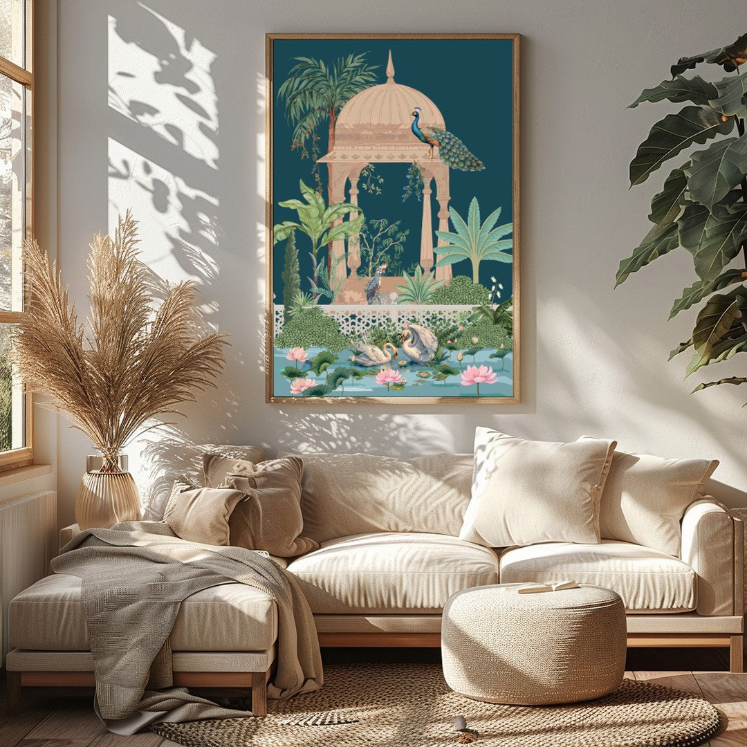 This enchanting artwork captures a peaceful garden scene, featuring elegant peacocks atop an ornate for Sitting Area