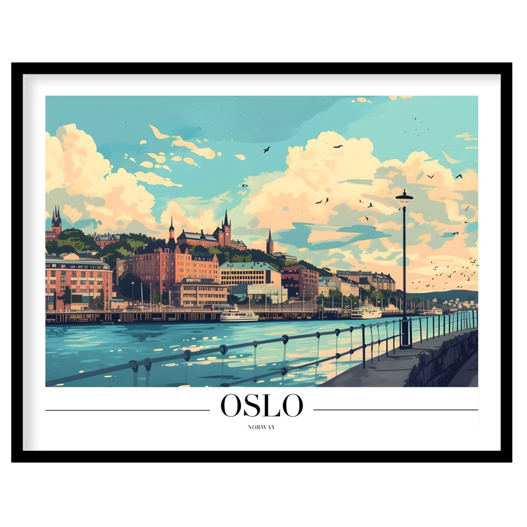 Experience the serene beauty of Oslo's waterfront with this stunning art print. Featuring a vibrant for bedroom