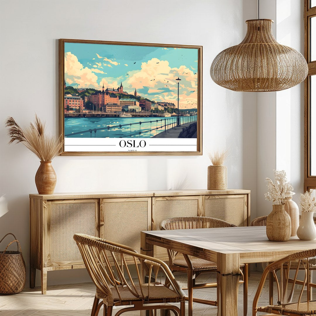Experience the serene beauty of Oslo's waterfront with this stunning art print. Featuring a vibrant for Dining