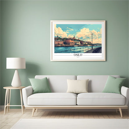 Experience the serene beauty of Oslo's waterfront with this stunning art print. Featuring a vibrant for Hall