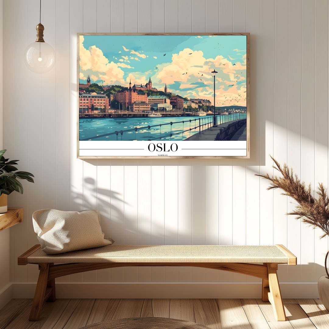 Experience the serene beauty of Oslo's waterfront with this stunning art print. Featuring a vibrant for Hallway
