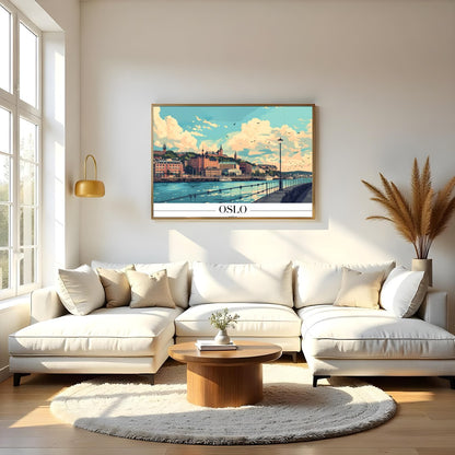 Experience the serene beauty of Oslo's waterfront with this stunning art print. Featuring a vibrant for Living Room