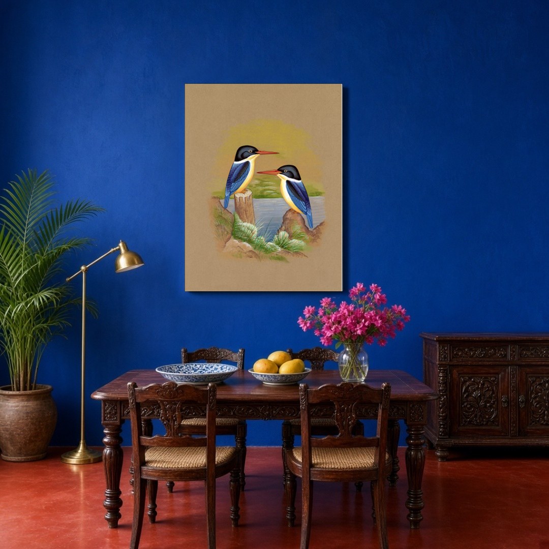 This exquisite Indian miniature art piece captures the serene beauty of two kingfishers perched for Dining