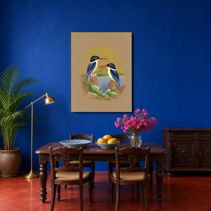 This exquisite Indian miniature art piece captures the serene beauty of two kingfishers perched for Dining