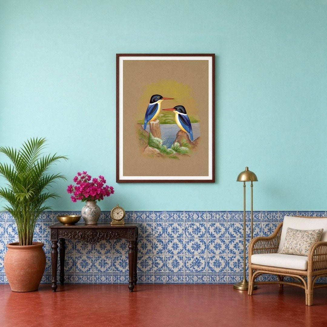 This exquisite Indian miniature art piece captures the serene beauty of two kingfishers perched for Entrance