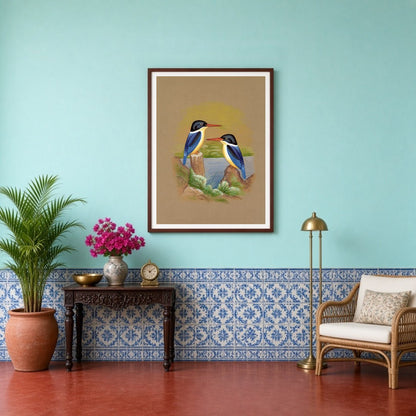 This exquisite Indian miniature art piece captures the serene beauty of two kingfishers perched for Entrance