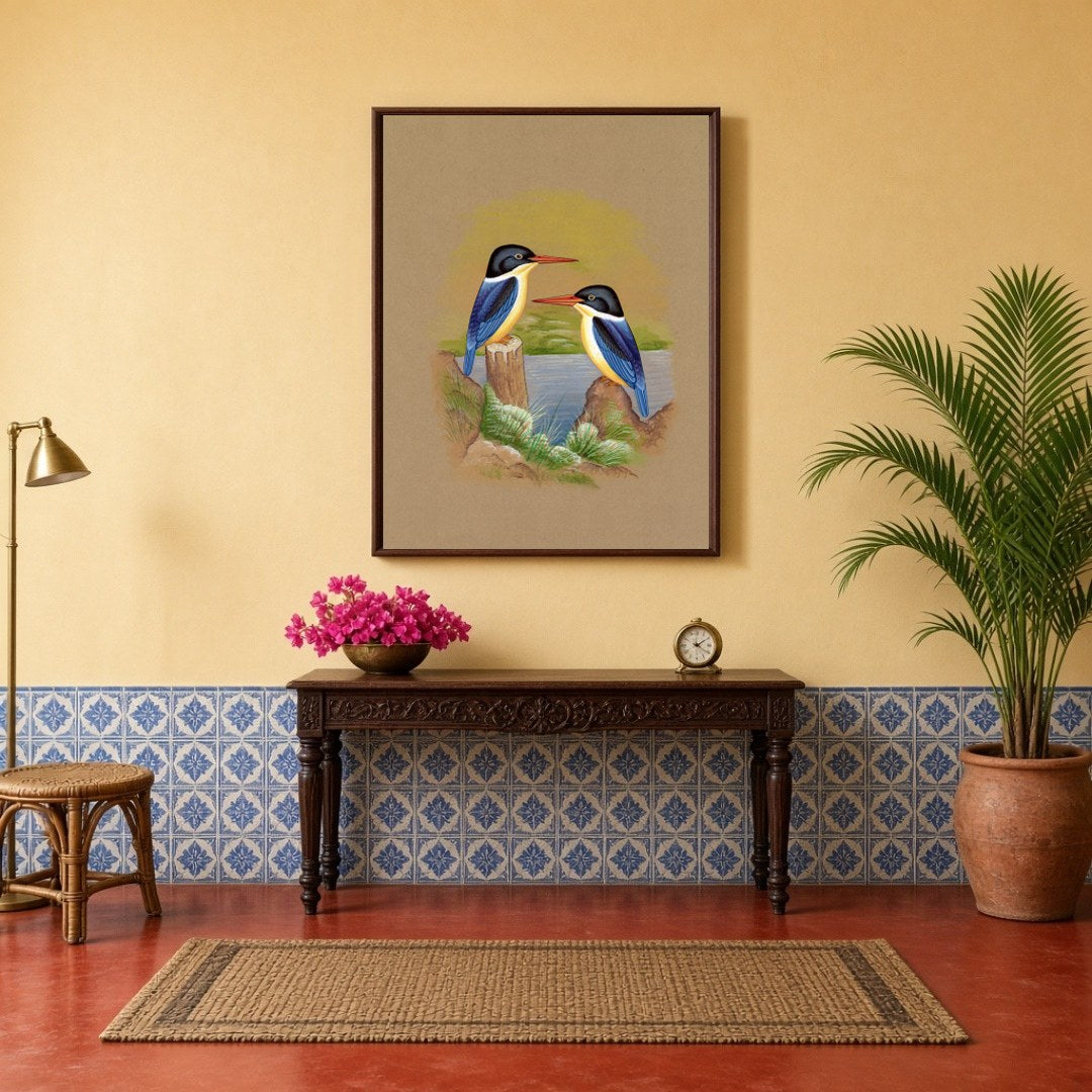This exquisite Indian miniature art piece captures the serene beauty of two kingfishers perched for Hallway