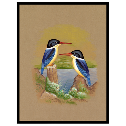 This exquisite Indian miniature art piece captures the serene beauty of two kingfishers perched for home