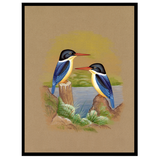 This exquisite Indian miniature art piece captures the serene beauty of two kingfishers perched for home