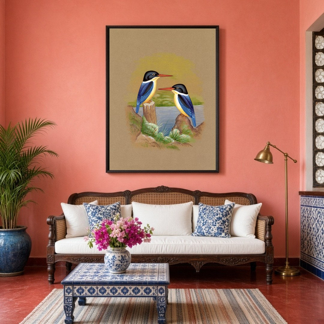 This exquisite Indian miniature art piece captures the serene beauty of two kingfishers perched for Living Room