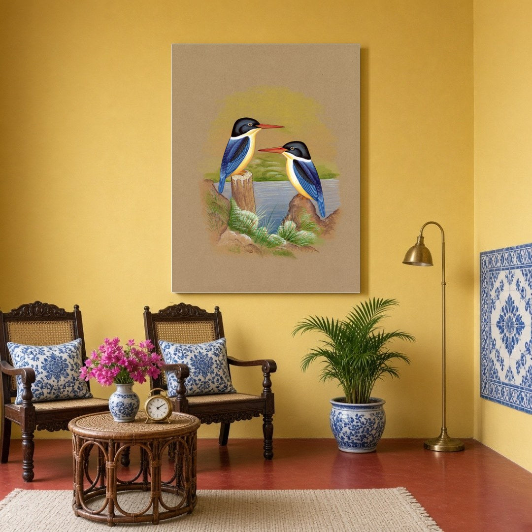 This exquisite Indian miniature art piece captures the serene beauty of two kingfishers perched for Sitting Area
