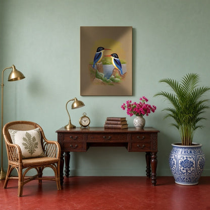 This exquisite Indian miniature art piece captures the serene beauty of two kingfishers perched for Study