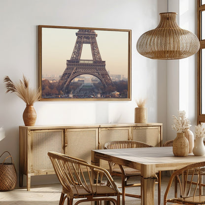 Capture the serene beauty of Paris at dawn with this breathtaking artwork. Featuring the iconic for Dining